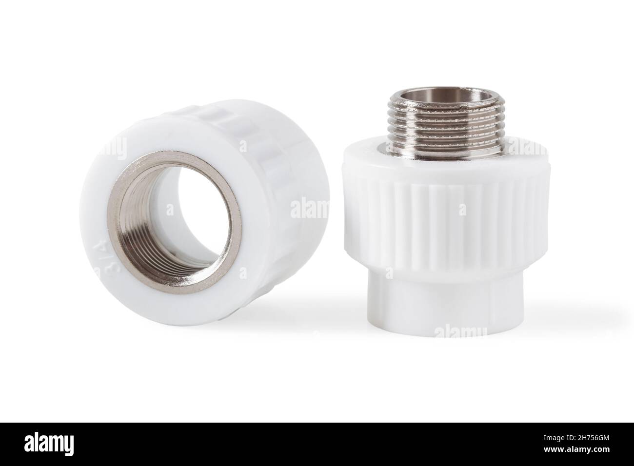 Fittings for installing polypropylene water pipe isolated on white