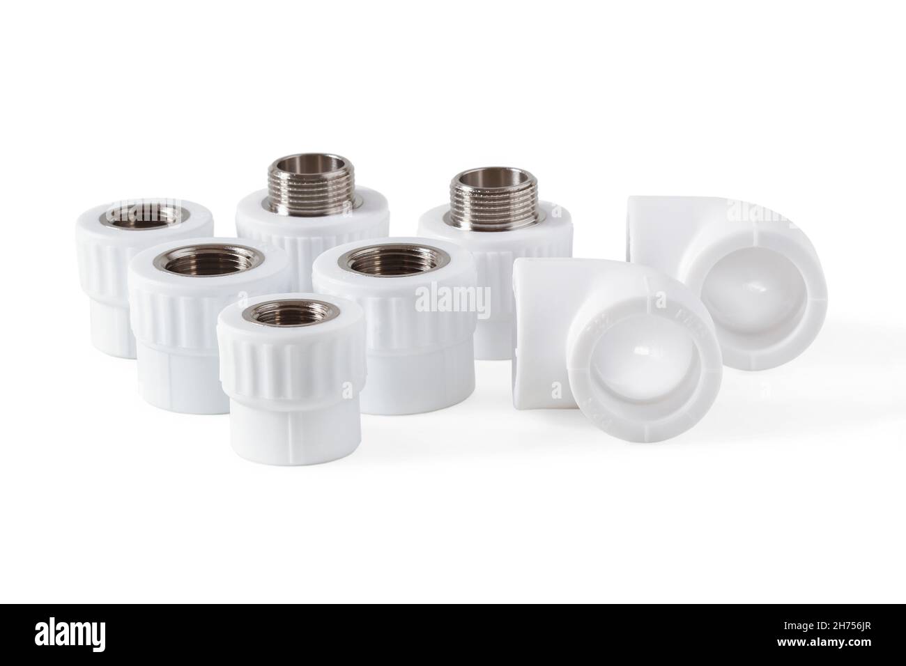 Fittings for installing polypropylene water pipe isolated on white