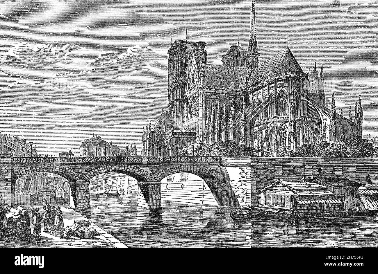 A late 19th Century illustration of Notre-Dame de Paris aka 'Our Lady of Paris', a medieval Catholic cathedral on the Île de la Cité in the 4th arrondissement of Paris. The cathedral, seen here from the Archbishop's Bridge across the Seine, was consecrated to the Virgin Mary and is considered to be one of the finest examples of French Gothic architecture. The cathedral's construction began in 1163 under Bishop Maurice de Sully and was largely complete by 1260, though it was modified frequently in the following centuries. Stock Photo
