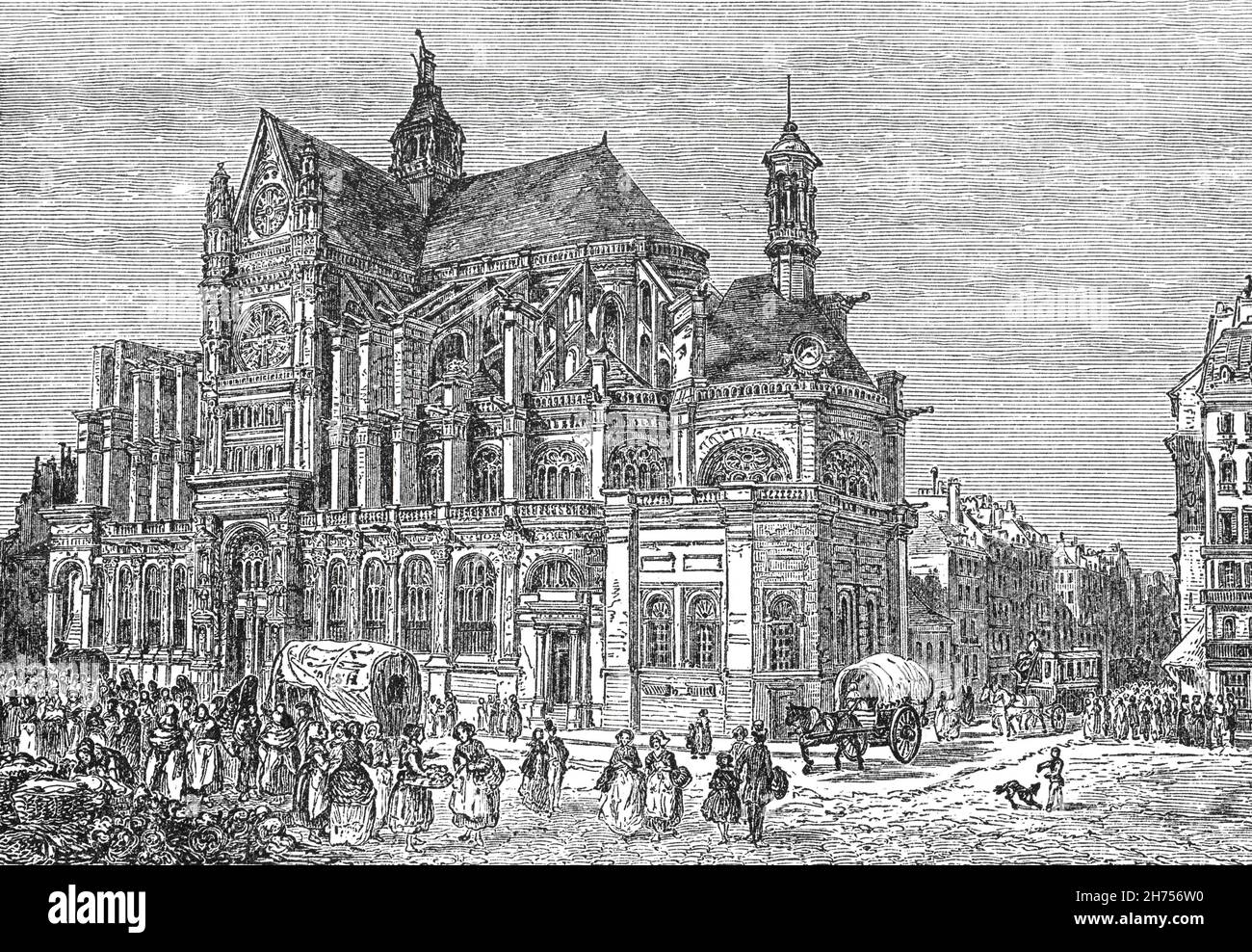 A late 19th Century illustration of the Church of St. Eustache in the 1st arrondissement of Paris, built between 1532 and 1632. Situated near the site of Paris' medieval marketplace (Les Halles), Saint-Eustache exemplifies a mixture of multiple architectural styles: its structure is Gothic while its interior decoration and other details are Renaissance and classical. Stock Photo