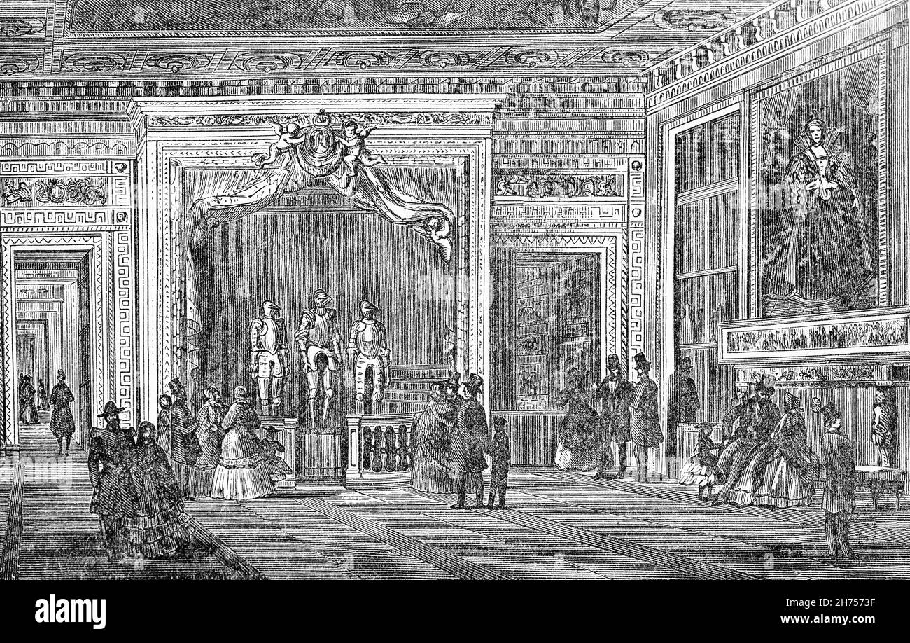A late 19th Century illustration of King Henry IV's chamber in the Louvre Palace, located on the Right Bank of the Seine in Paris, between the Tuileries Gardens and the church of Saint-Germain l'Auxerrois. Originally a military facility, it has served numerous government-related functions and intermittently as a royal residence between the 14th and 18th centuries. Henry IV, France's new king from 1589 is associated with the Grand Dessein ('Grand Design') of uniting the Louvre and the Tuileries in a single building. Stock Photo