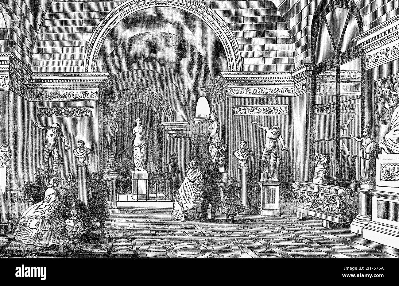 A late 19th Century illustration of the Gallery of Ancient Sculptures in the Louvre Palace, located on the Right Bank of the Seine in Paris, between the Tuileries Gardens and the church of Saint-Germain l'Auxerrois. Originally a military facility, it has served numerous government-related functions and intermittently as a royal residence between the 14th and 18th centuries. Henry IV, France's new king from 1589 is associated with the Grand Dessein ('Grand Design') of uniting the Louvre and the Tuileries in a single building. Stock Photo