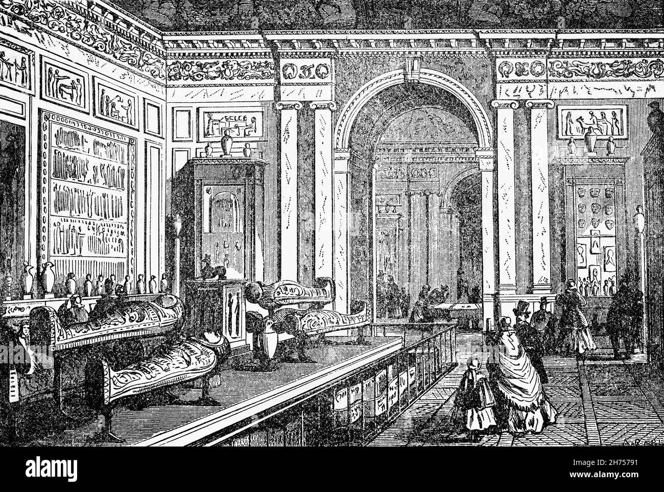 A late 19th Century illustration of the Egyptian Museum in the Louvre Palace, located on the Right Bank of the Seine in Paris, between the Tuileries Gardens and the church of Saint-Germain l'Auxerrois. Originally a military facility, it has served numerous government-related functions and intermittently as a royal residence between the 14th and 18th centuries. Henry IV, France's new king from 1589 is associated with the Grand Dessein ('Grand Design') of uniting the Louvre and the Tuileries in a single building. Stock Photo