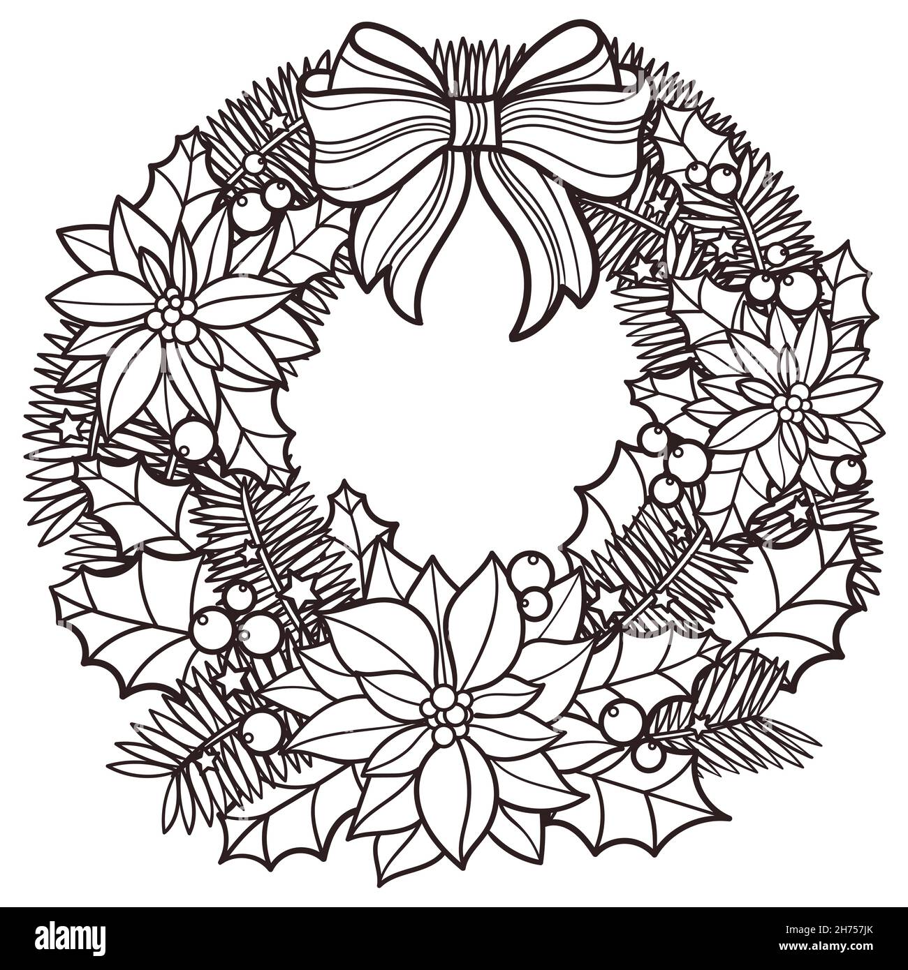 Christmas wreath. Black and white linear image. Vector Stock Vector