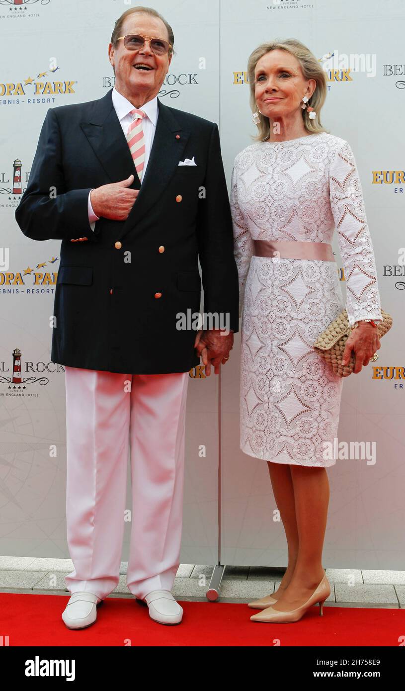 Rust, Germany - July 12, 2012: Hotel Bell Rock Opening at Europa-Park in Rust with British Actor Sir Roger Moore, wife Kristina Tholstrup. Europa, Park. Mandoga Media Stock Photo