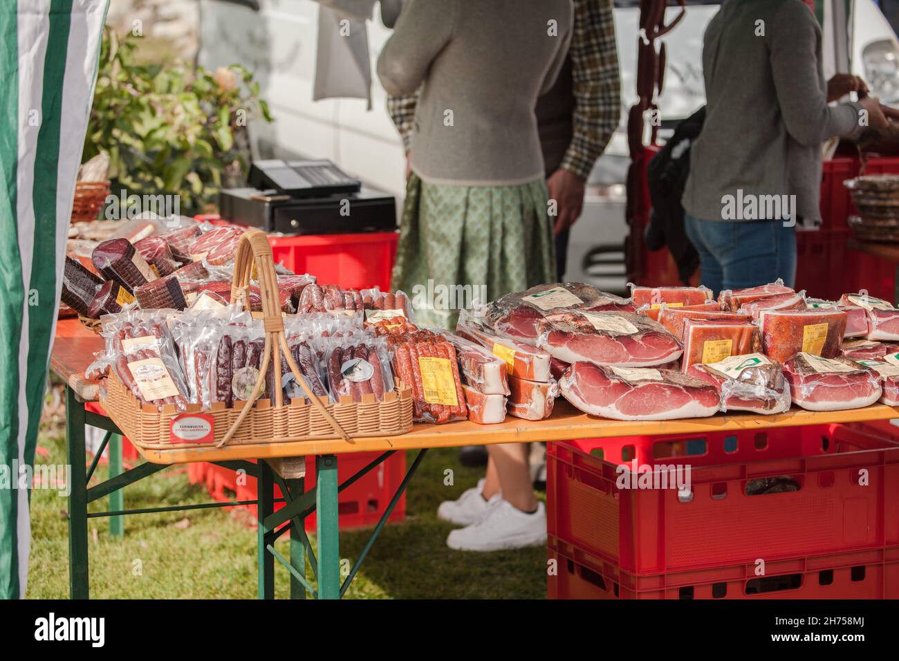 NAZ-SCIAVES, ITALY - OCTOBER 13, 2019: typical food market stall during an autumn local celebration in Val Isarco ( South Tyrol ) Stock Photo