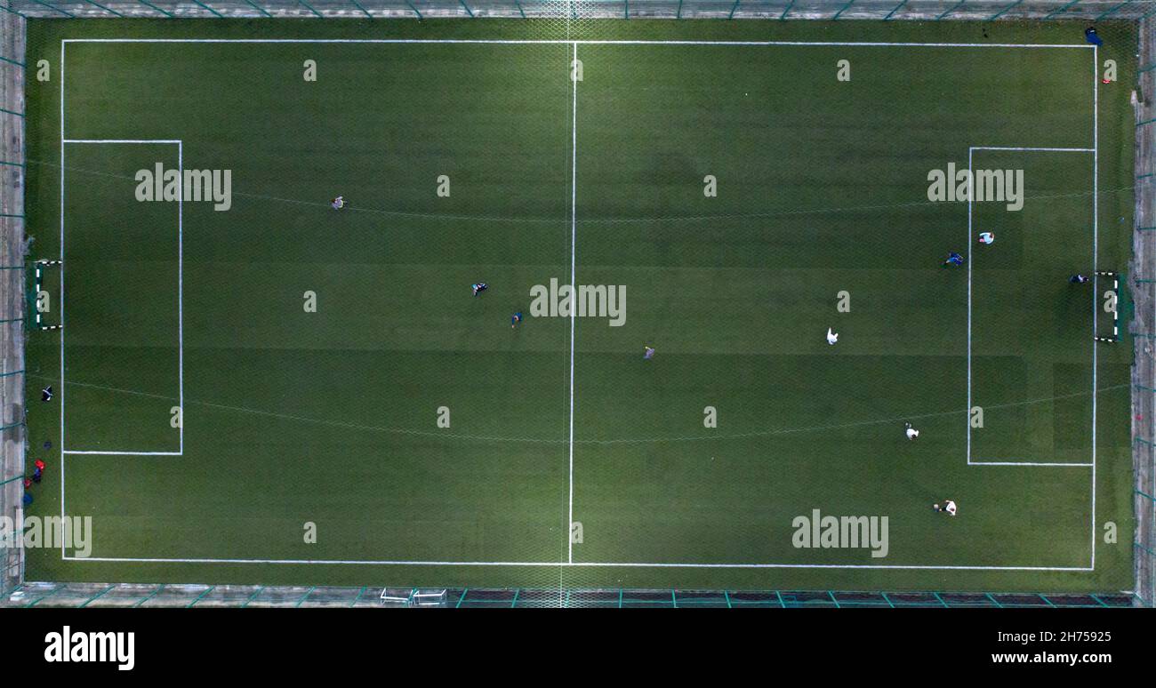 Aerial top down drone view of football field or soccer field Stock ...