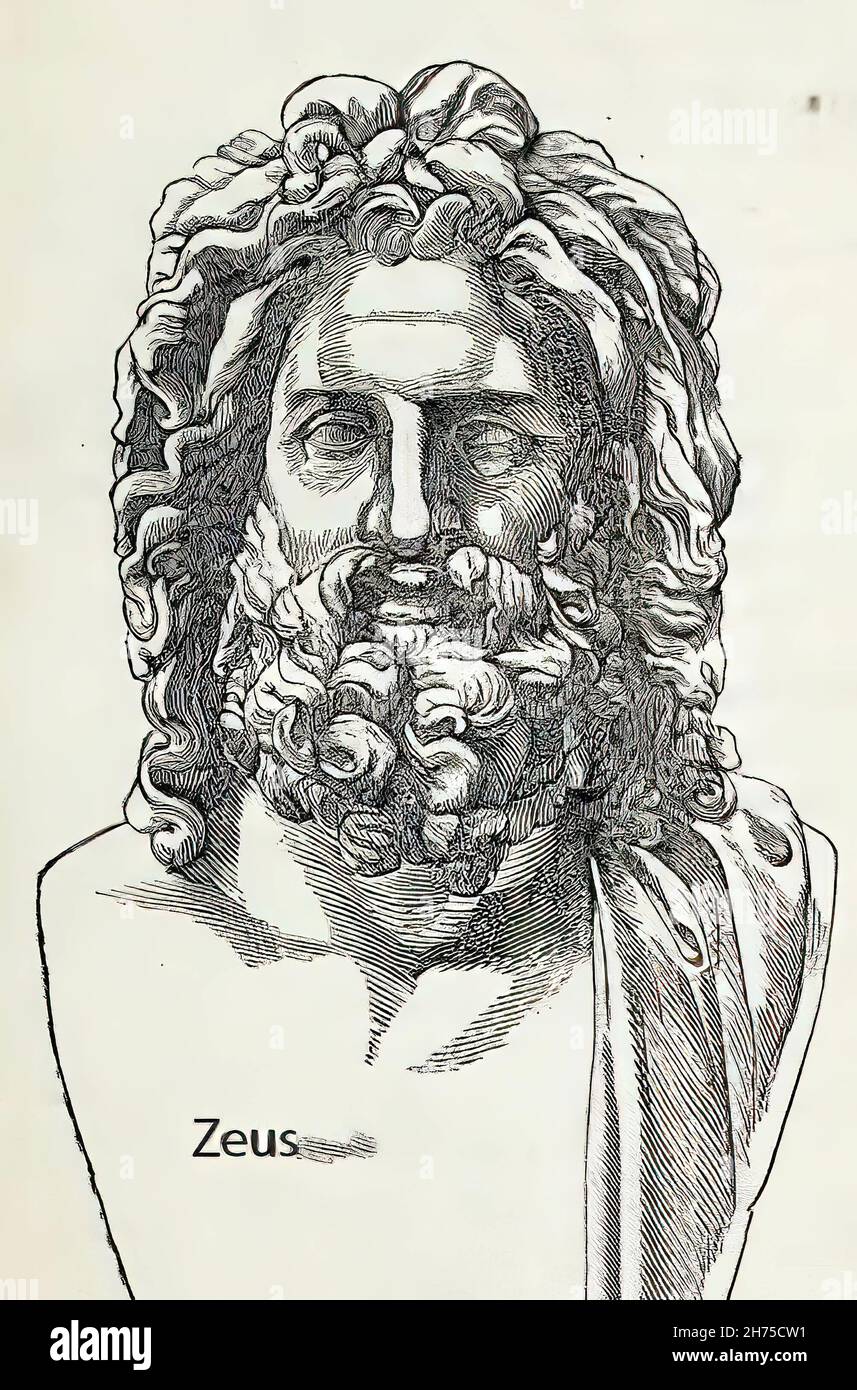 Zeus Writing Illustration of the 19th century engraving of Zeus Stock Photo - Alamy