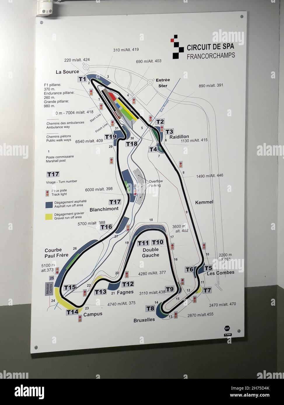 Schautafel mit Plan Übersicht von Motorsport Rennstrecke Circuit de Spa-Francorchamps, Stavelot Malmedy, Wallonien, Belgien, Europa Stock Photo