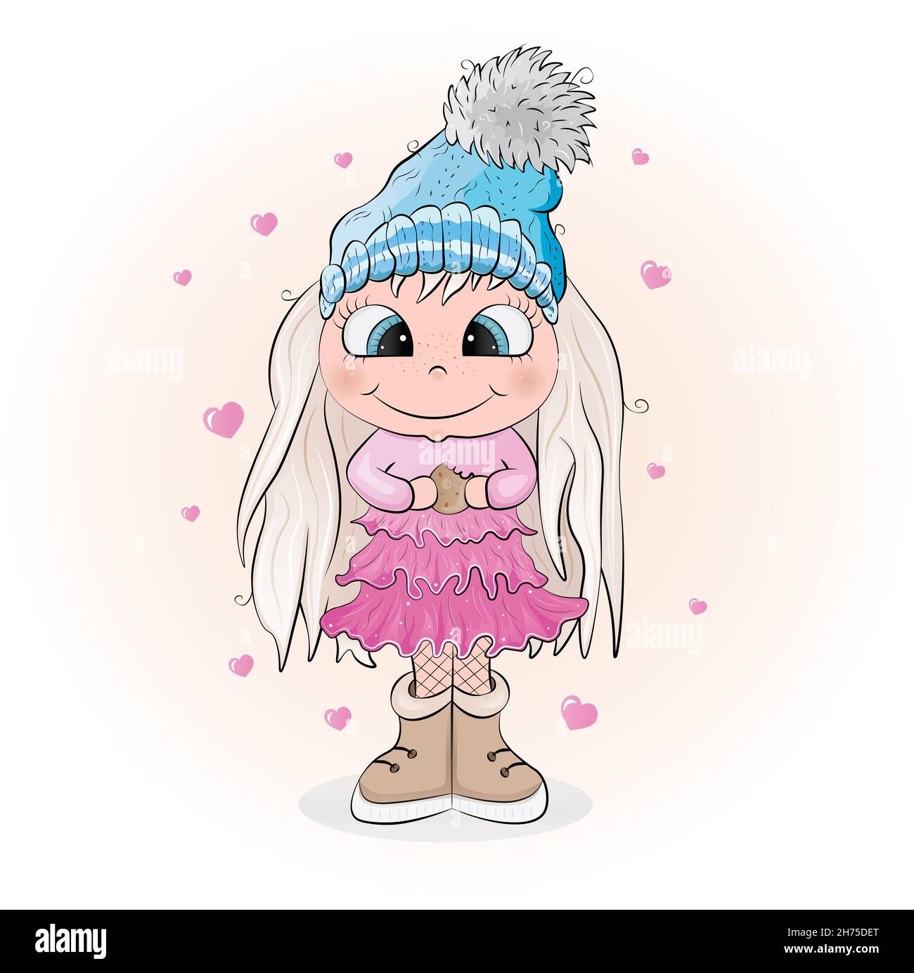 Little cute girl with winter hat holding a cookie illustration