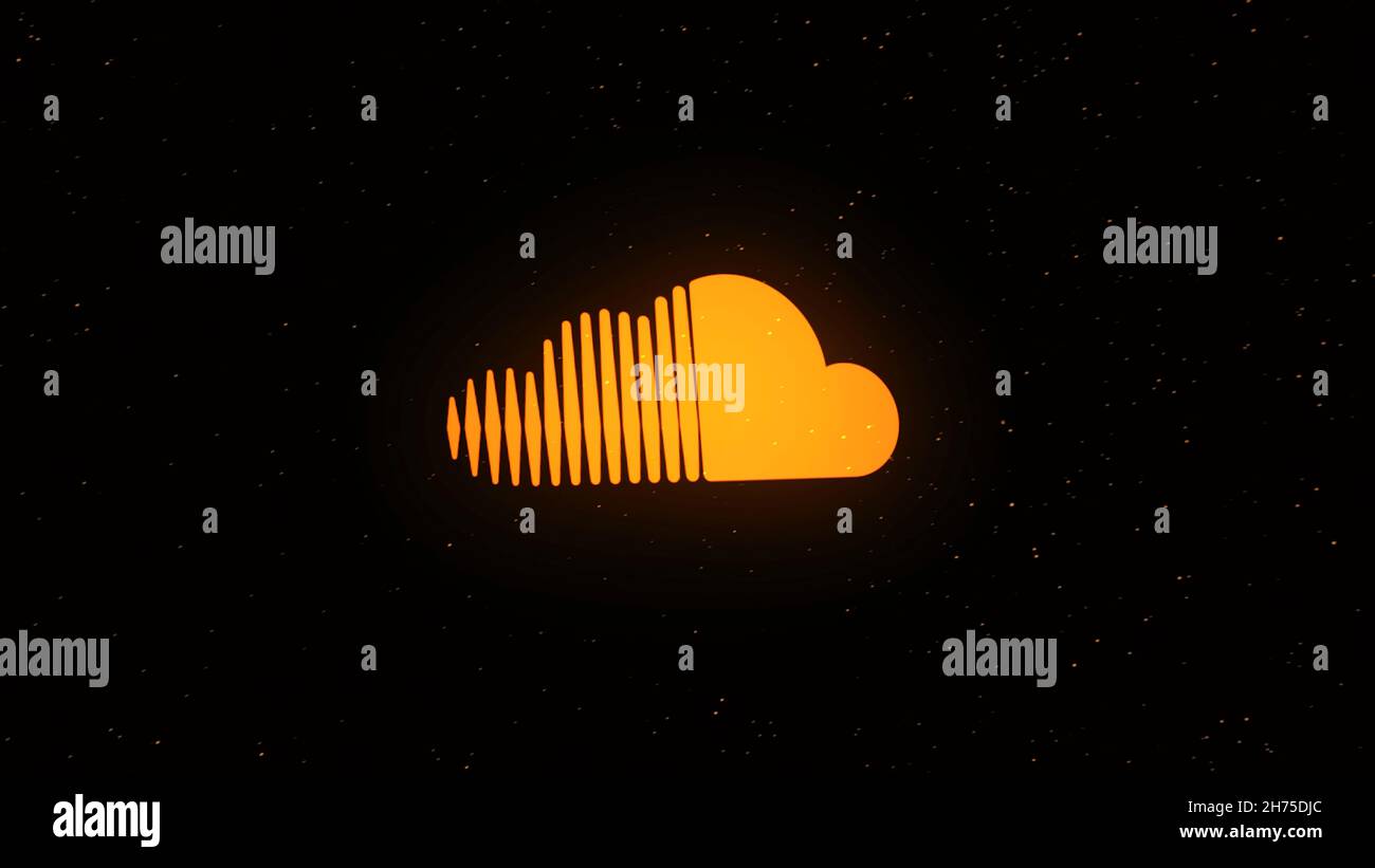 Sound cloud digital space icon animation. Animation. Icon is sprayed on points in cyberspace. Stock Photo