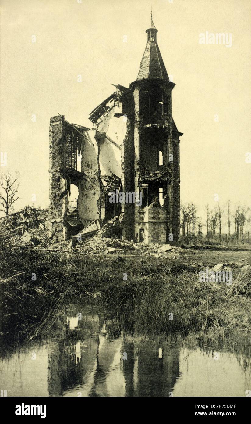 A historical view of the ruins of Château Corfrind in the Houthulst Forest, Belgium, which was heavily damaged during the third battle of Ypres, 1917. Stock Photo