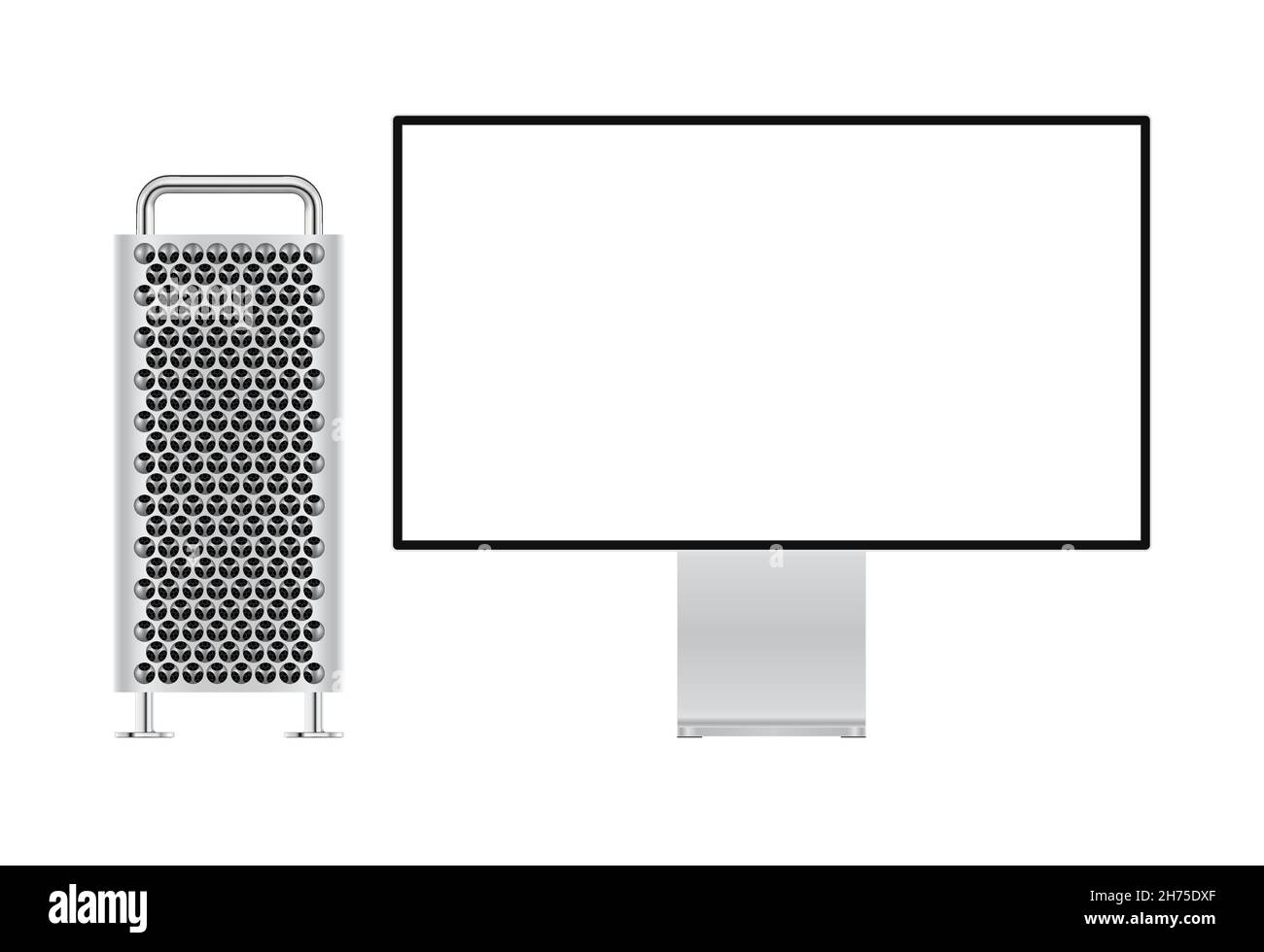 Apple Mac Pro computer, Pro Display XDR monitor, apple mac, desktop computer, wide screen monitor, pro display, xdr screen vector stock illustration. Stock Vector