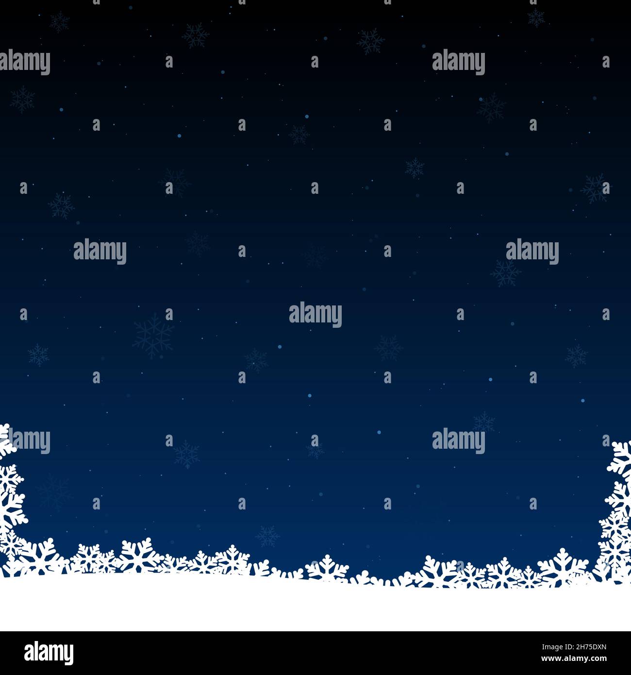 White color snow on dark blue background and snowflakes at the bottom christmas background. Vector stock illustration. Stock Vector