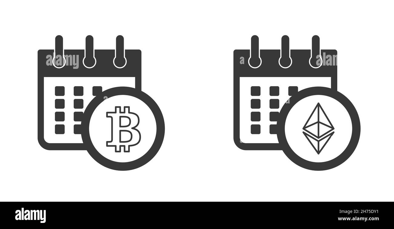 Cryptocurrency on calendar. Bitcoin and ethereum symbols on calendar. Calendar finance reminder signs. Calendar important days. Mark calendar. Stock Vector