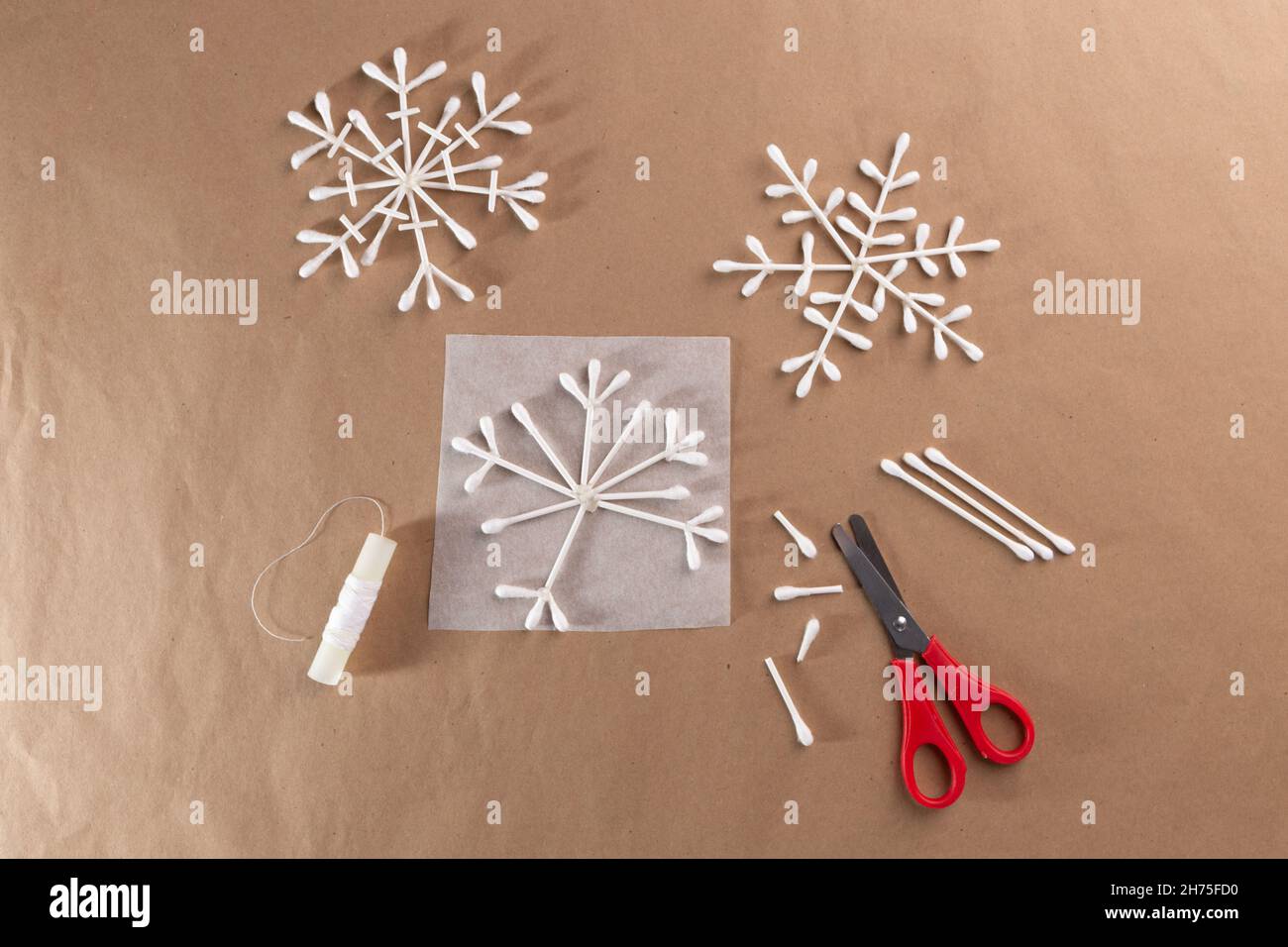 cotton swab snowflake handmade craft for kids, Christmas activity for preschooler Stock Photo