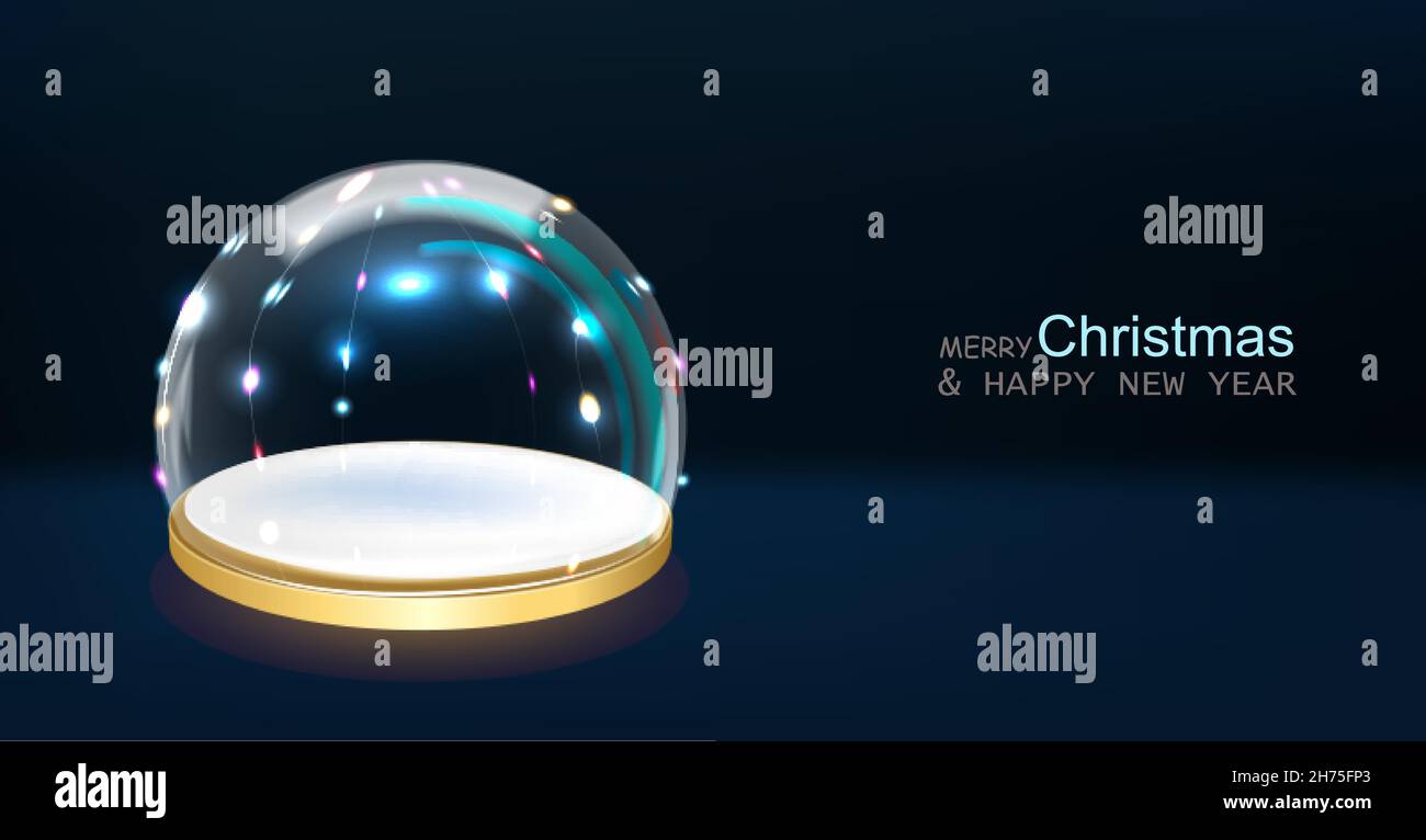 Christmas glowing glass winter snow balls in neon light. Realistic 3d ...