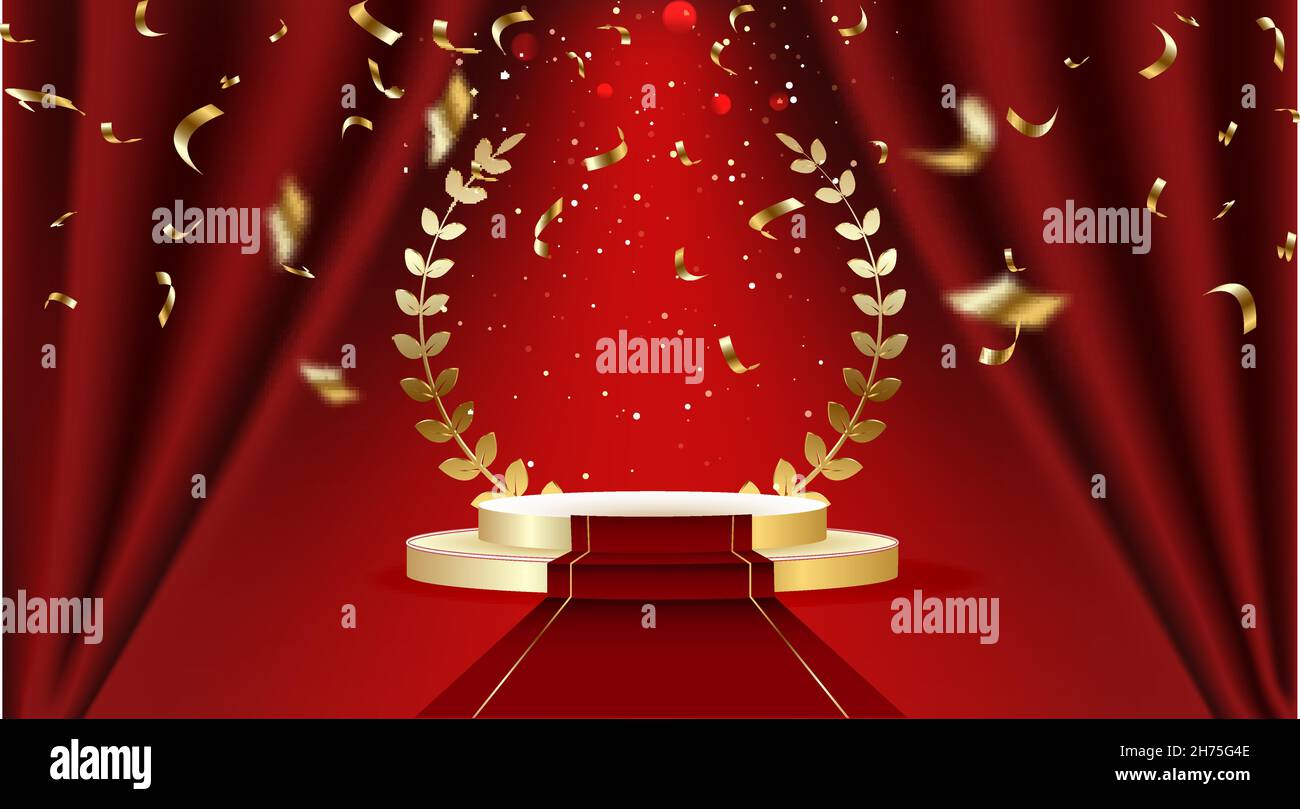 Red Stage Curtain with Spotlights, Seats and Golden Laurel Wreath. Vector illustration. Theater, Opera or Cinema Scene. Stock Vector