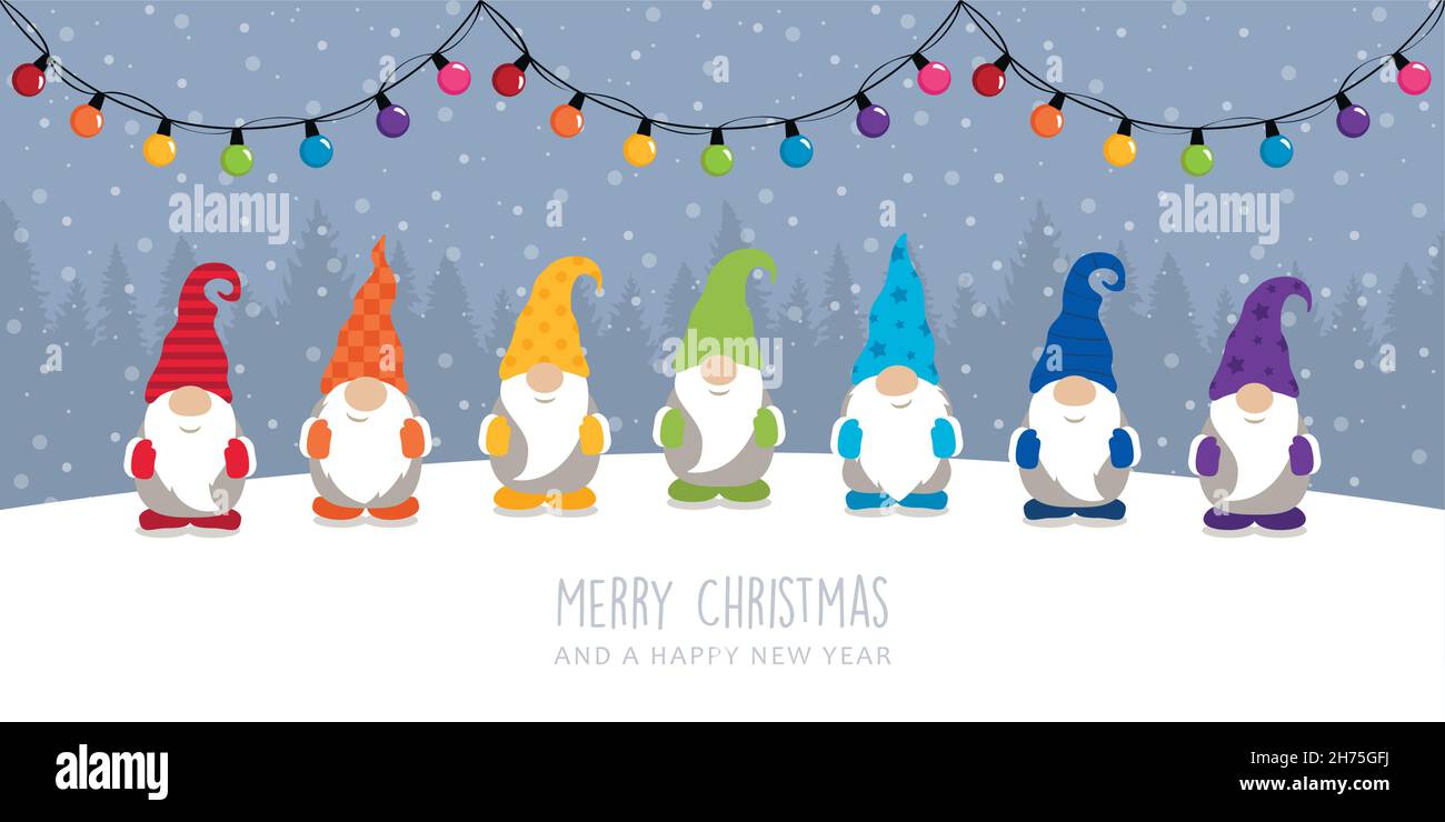 christmas greeting card with cute christmas dwarf in rainbow colours Stock Vector