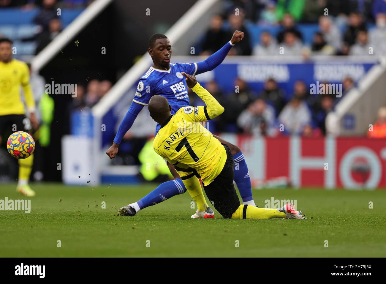 LEICESTER, ENGLAND - NOVEMBER 20: N’Golo Kante of Chelsea and Boubakary Soumare of Leicester City clash during the Premier League match between Leicester City and Chelsea at The King Power Stadium on November 20, 2021 in Leicester, England. (Photo by James Holyoak/MB Media) Stock Photo