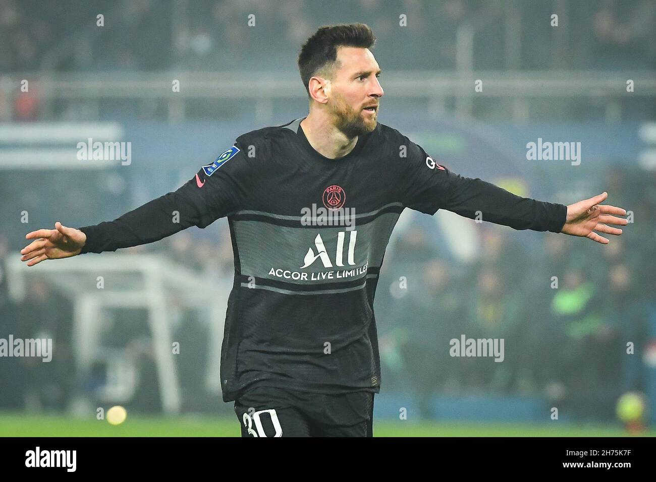Lionel (Leo) MESSI of PSG celebrates his goal during the French  championship Ligue 1 football match between Paris Saint-Germain and FC  Nantes on November 20, 2021 at Parc des Princes stadium in