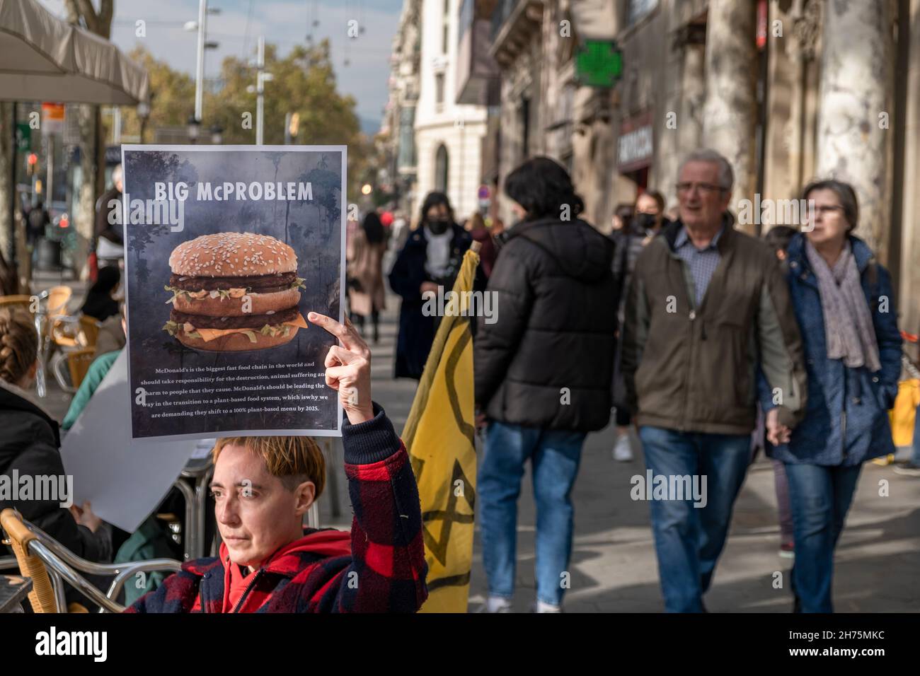 Barcelona, Spain. 20th Nov, 2021. An activist holding a placard expressing her opinion, during the demonstration.Animal Rebellion activists occupied a terrace of a McDonalds establishment in Passeig de Gràcia in Barcelona demanding the transition to a fairer and more sustainable food system. Credit: SOPA Images Limited/Alamy Live News Stock Photo