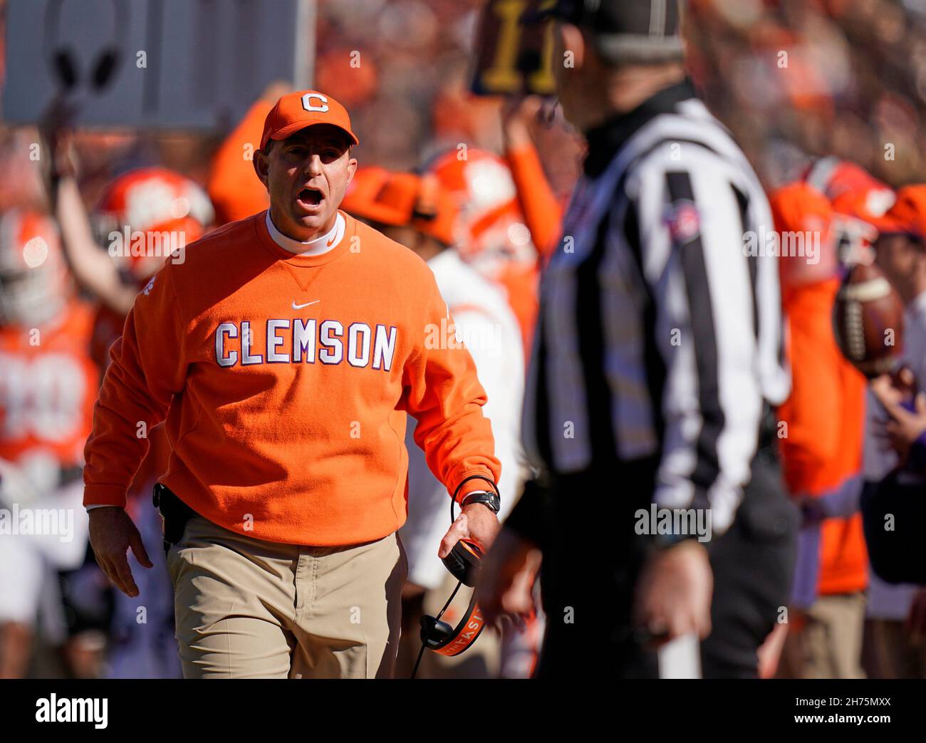 November 20, 2021: Clemson Tigers head coach Dabo Swinney questions a ...