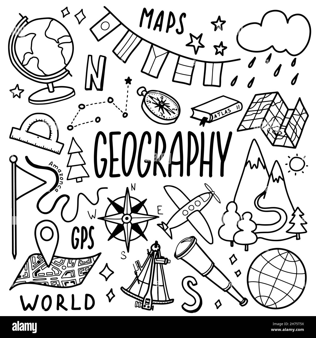 Geography symbols icons set. School subject design. Education outline sketch in doodle style. Study, science concept. Back to school background for Stock Vector