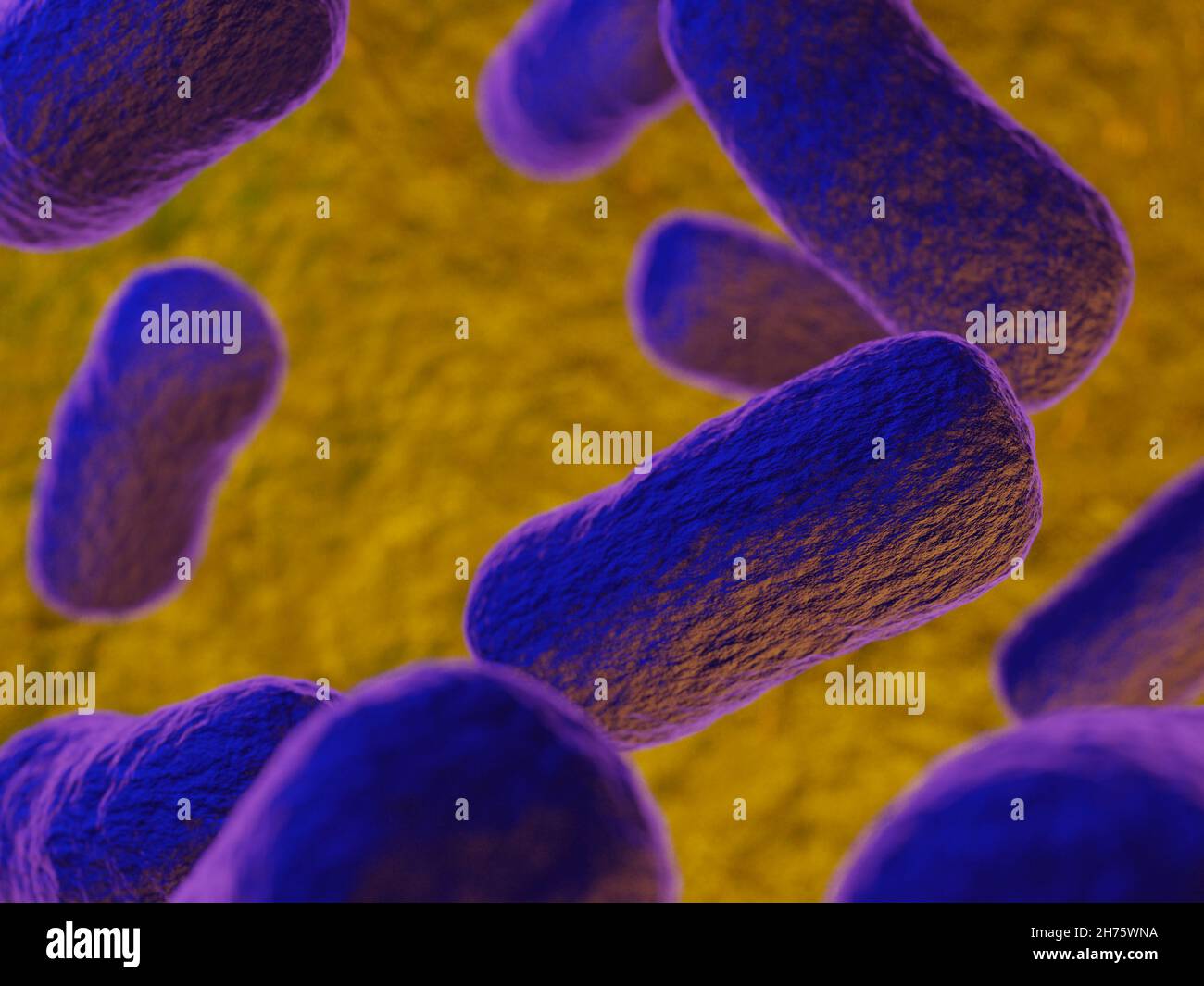 An illustration of purple bacteria against a yellow background Stock Photo