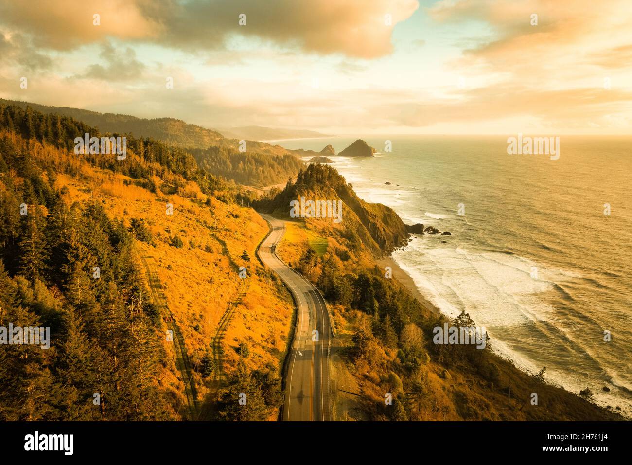 Pacific Coast Highway Oregon Coast at sunset, drone view Stock Photo - Alamy