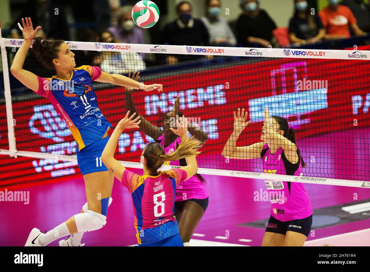 Spike of ANNA DANESI (Vero Volley Monza) during Vero Volley Monza vs VBC ePiu Casalmaggiore, Volleyball Italian Serie A1 Women match in Monza (MB), Italy, November 20 2021 Stock Photo