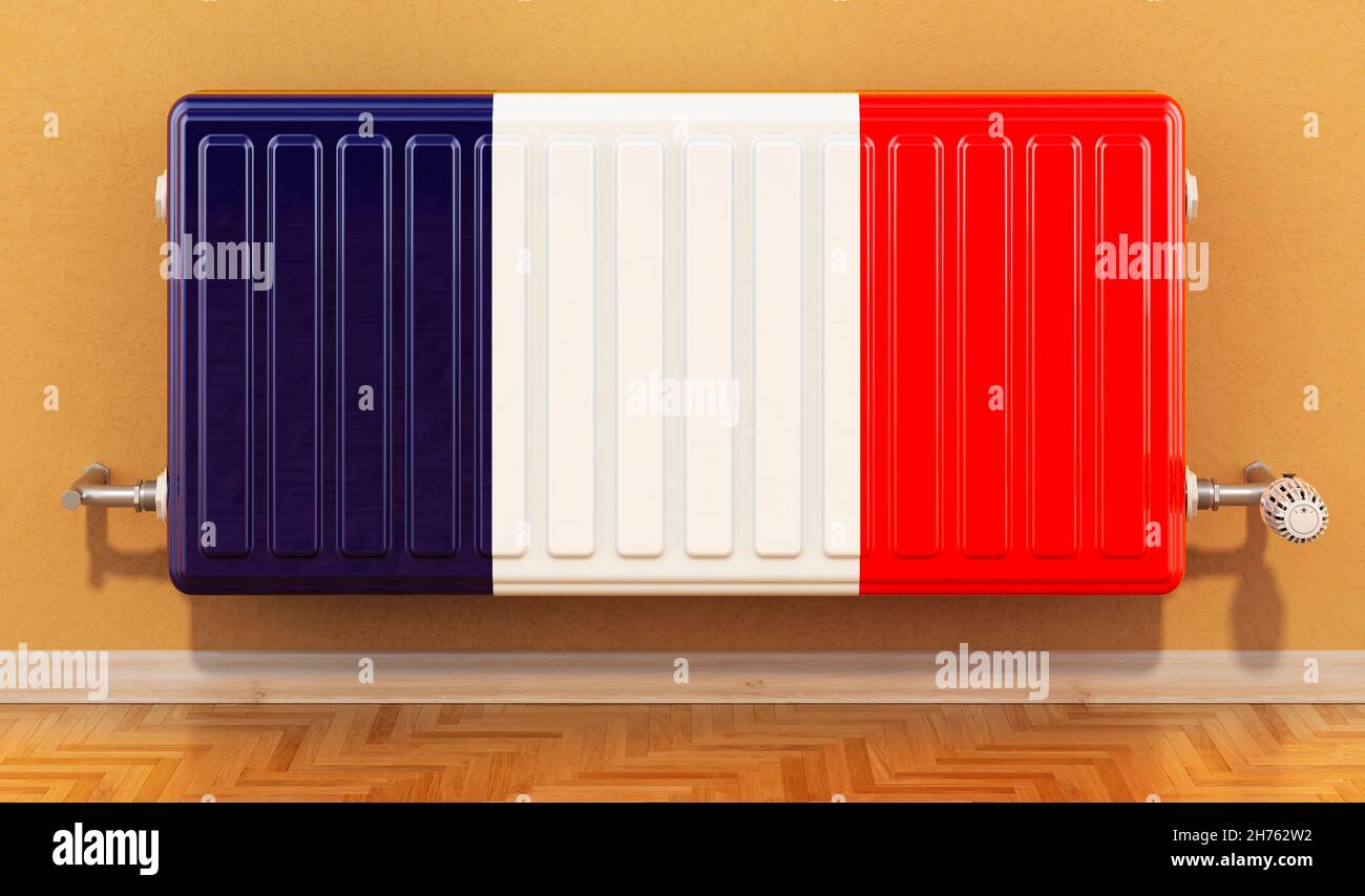 Heating radiator with French flag on the wall. Heating in France, concept. 3D rendering Stock