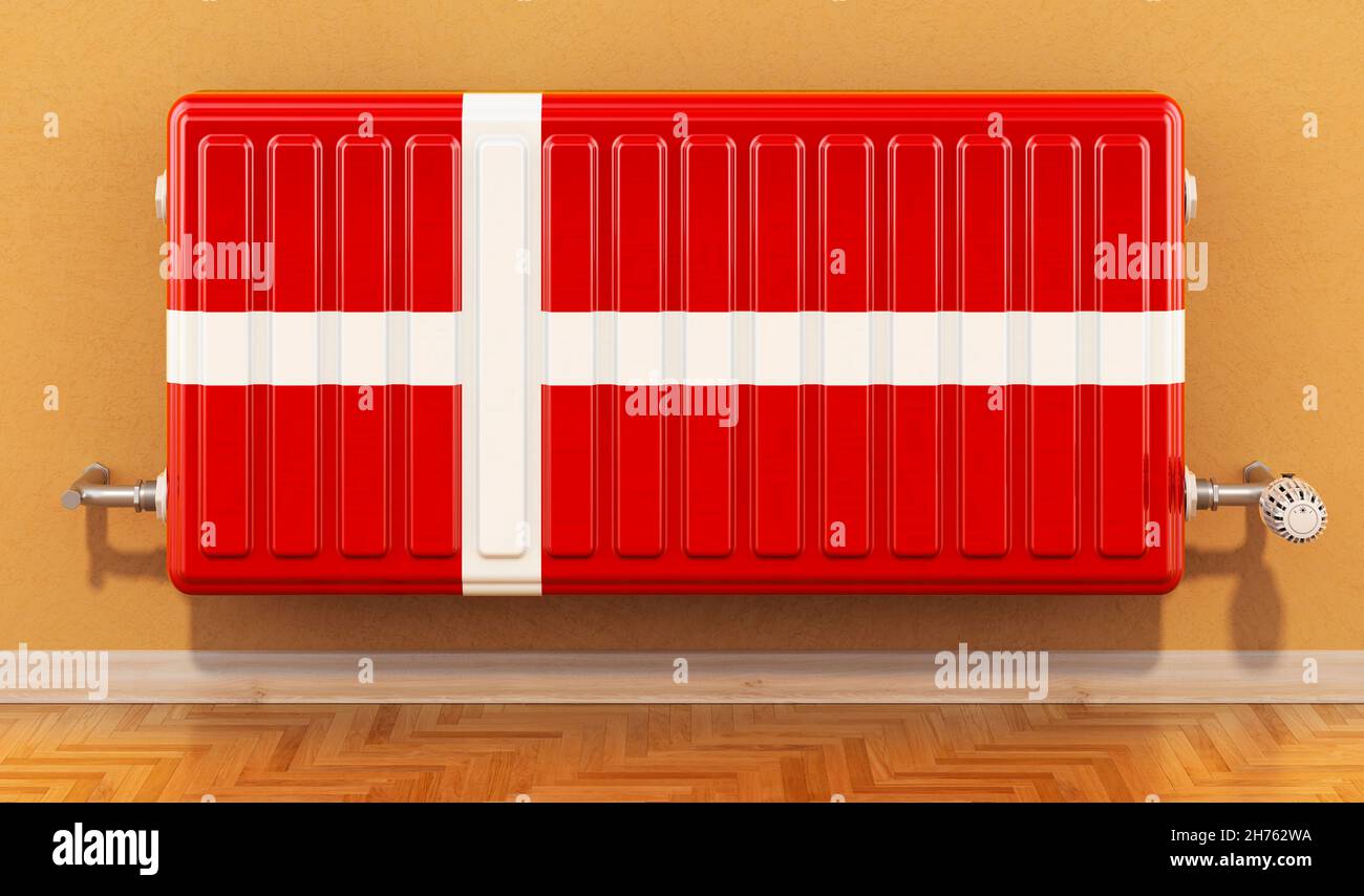 Danish Radiator Heating radiator with Danish flag on the wall. Heating in Denmark ...