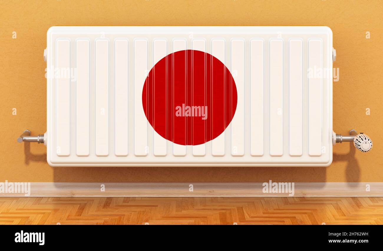 Heating radiator with Japanese flag on the wall. Heating in Japan