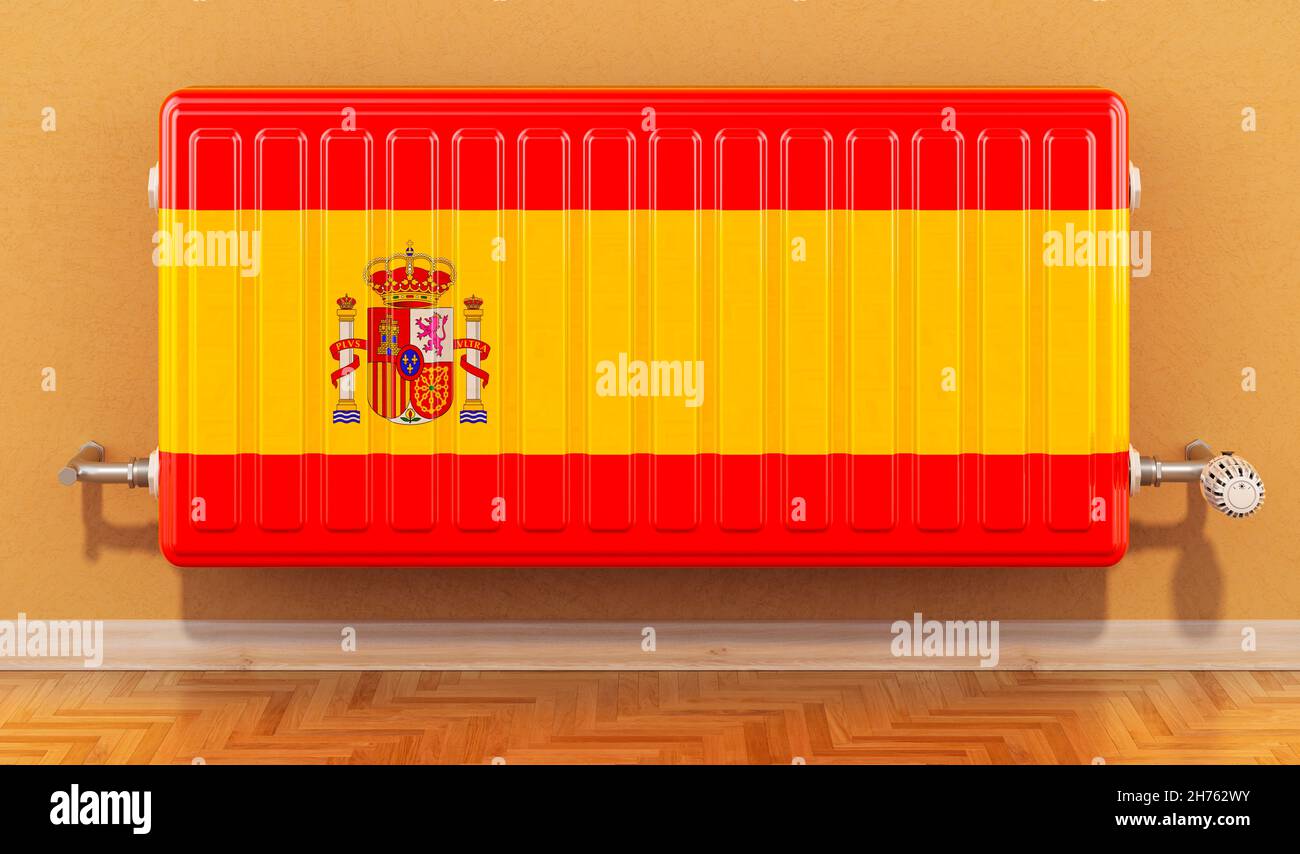 Heating radiator with Spanish flag on the wall. Heating in Spain, concept. 3D rendering Stock