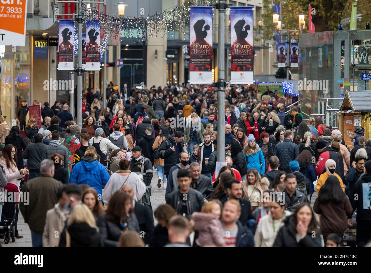 CARDIFF, WALES - NOVEMBER 20: A general view of a busy Cardiff city centre ahead of the Wales v Australia rugby game at the Principality Stadium on No Stock Photo