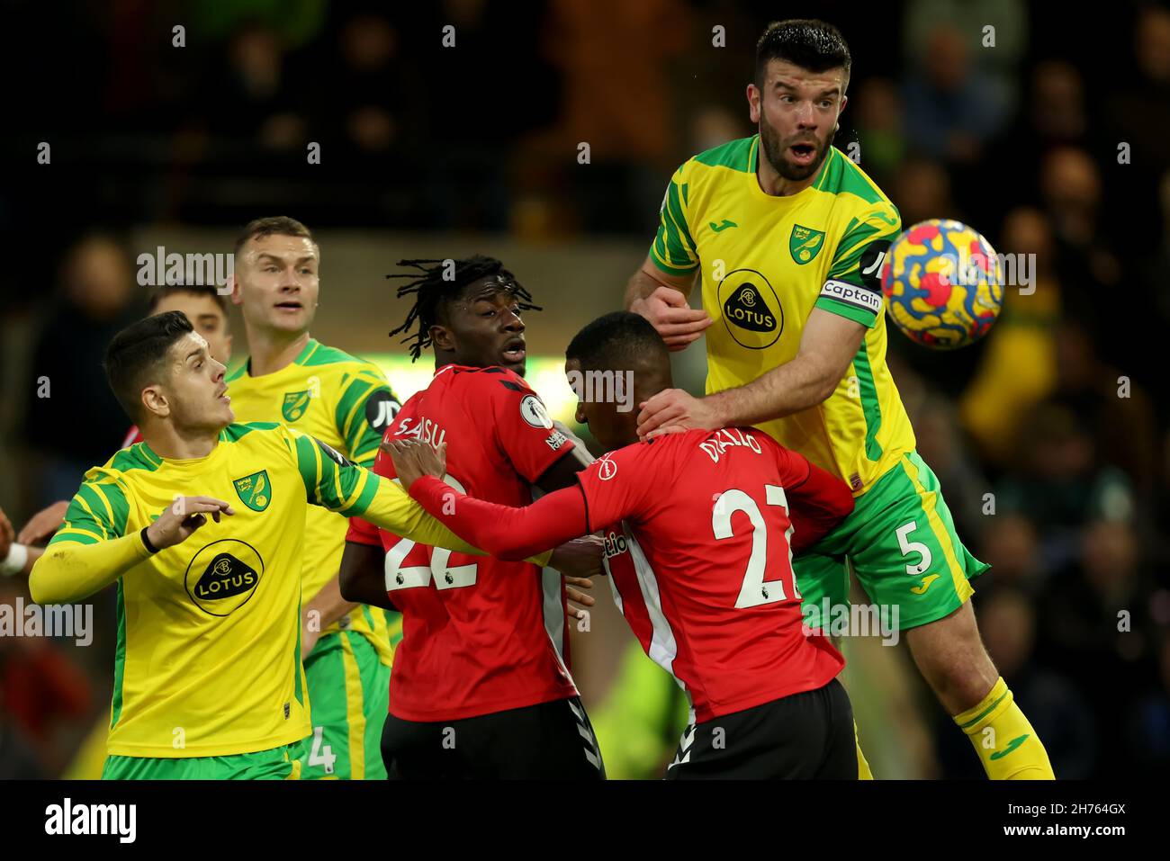 Carrow Road, Norwich, UK. 20th Nov, 2021. Premier League football, Norwich City versus Southampton; Grant Hanley of Norwich City heads the ball clear Credit: Action Plus Sports/Alamy Live News Stock Photo