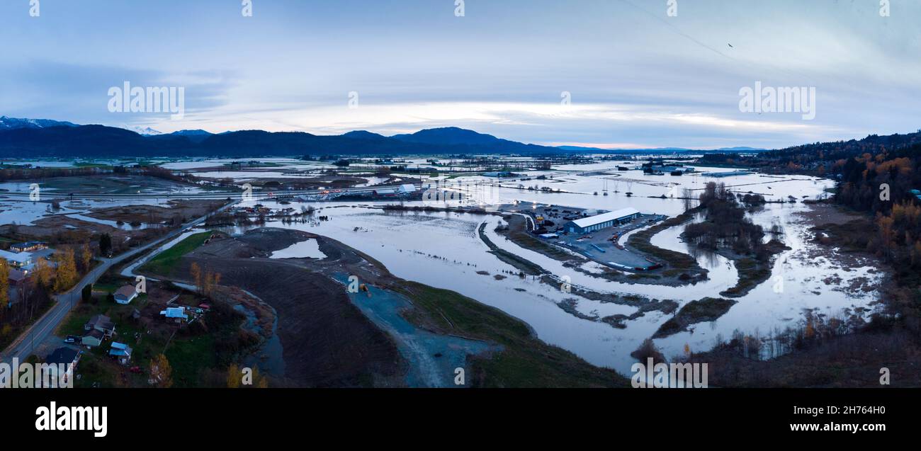 Fraser Valley farmers fields flooded from torrential rains, climate change effect, natural disaster, intense flooding, British Columbia. Stock Photo