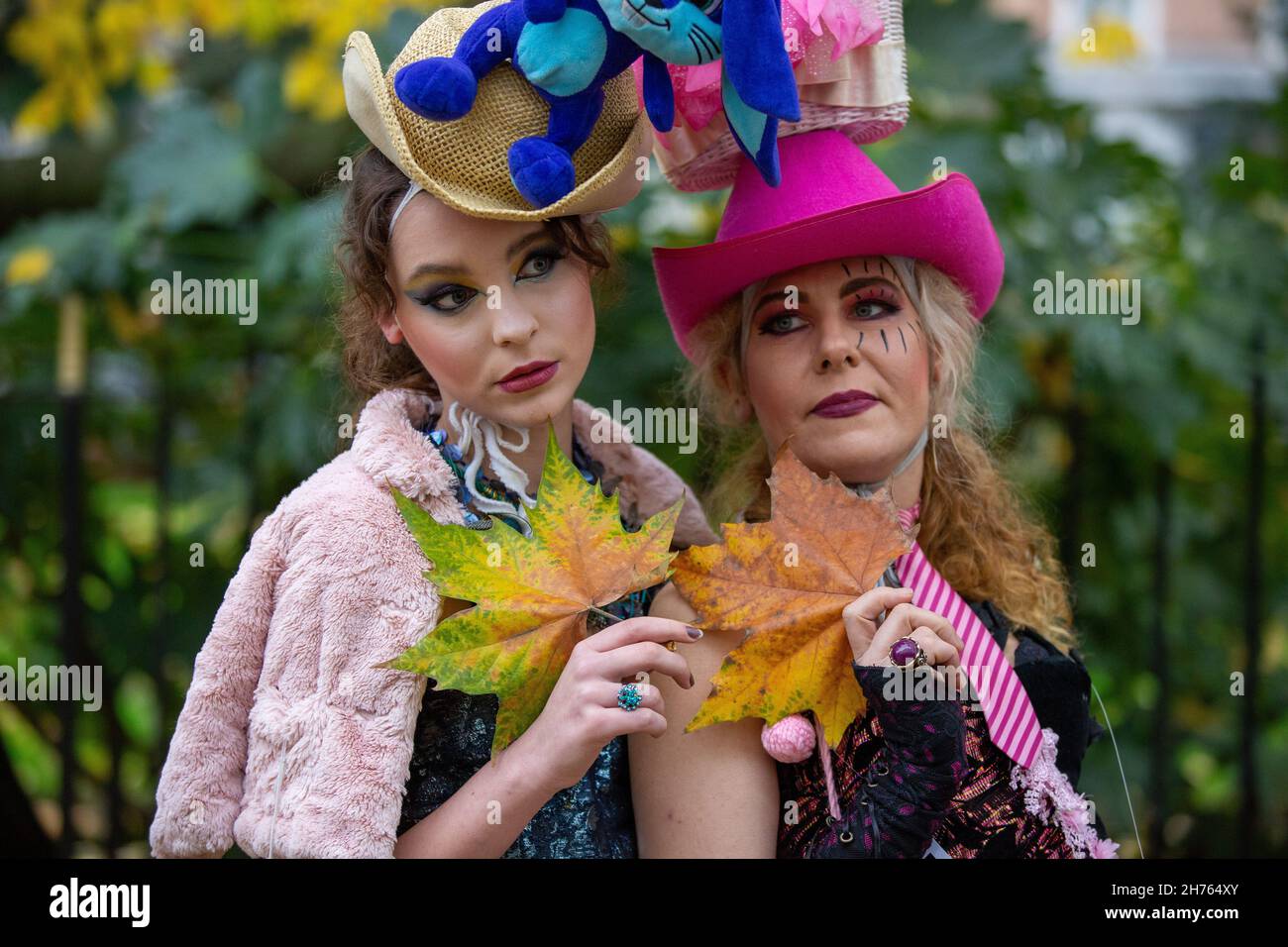 Models showcase Pierre Garroudi's latest colourful collection at one of the designer's specialty flash mob fashion show in Knightsbridge. (Photo by Pietro Recchia / SOPA Images/Sipa USA) Stock Photo