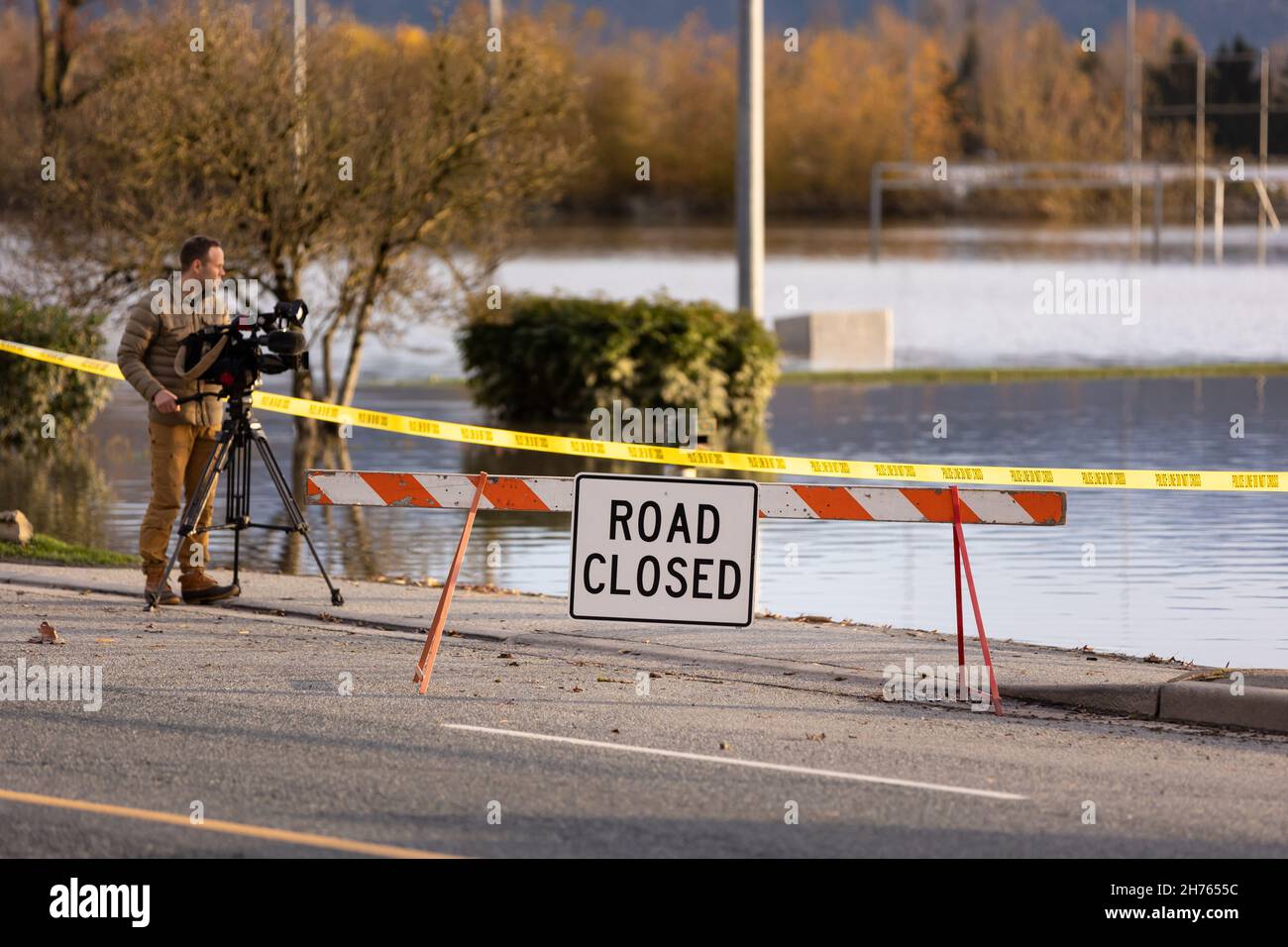 NOV 18, 2021 - ABBOTSFORD, BC, CANADA: Road closed signs due to infrastructure damage caused by flooding from heavy rain in the Fraser Valley. Stock Photo