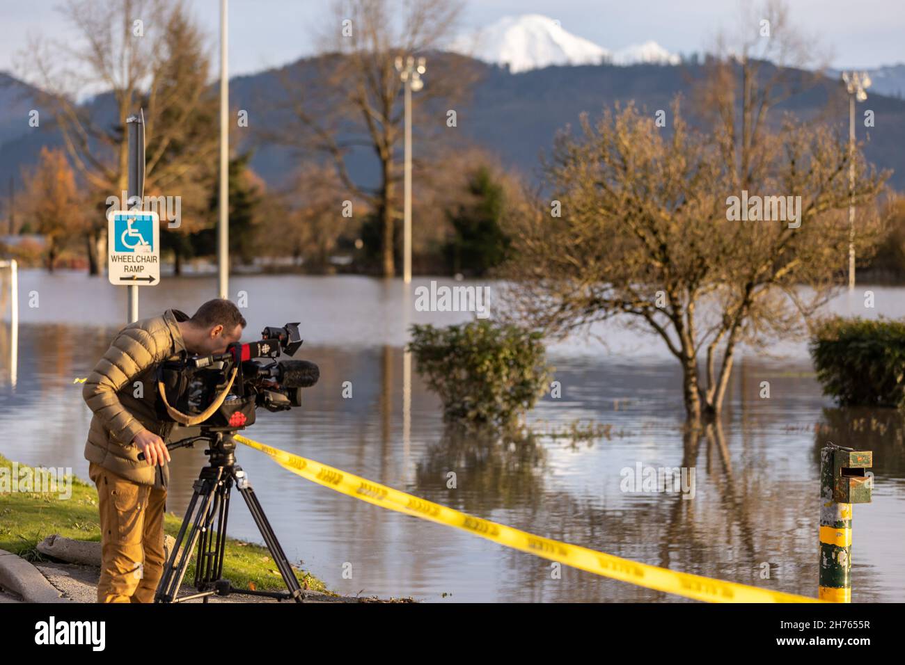 NOV 18, 2021 - ABBOTSFORD, BC, CANADA: Road closed signs due to infrastructure damage caused by flooding from heavy rain in the Fraser Valley. 4K 24FP Stock Photo