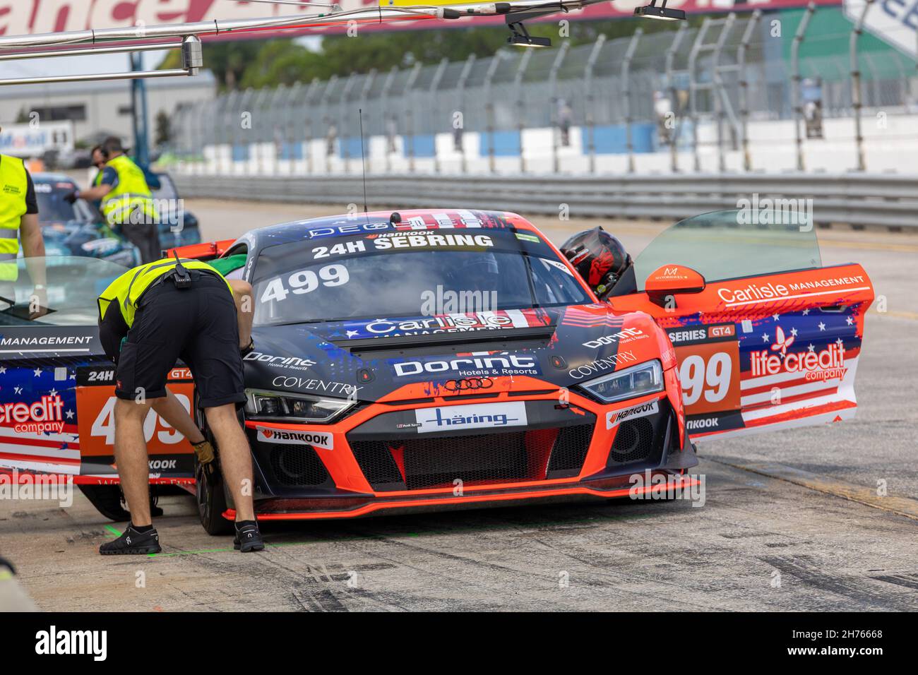 Sebring, USA. 19th Nov, 2021. Cars Pit Stop during 24H Series powered by Hankook. Schedule includes USA stops on November 19-21, 2021. Racing cars from the many countries, such as: Germany, USA, France, Nederland, Romania, Denmark, Canada, Spain, Great Britain, Italy; in many different classes: GT4, 991, GTX, GT3, TCR, TCX, P4. (Photo by Yaroslav Sabitov/YES Market Media/Sipa USA) Credit: Sipa USA/Alamy Live News Stock Photo