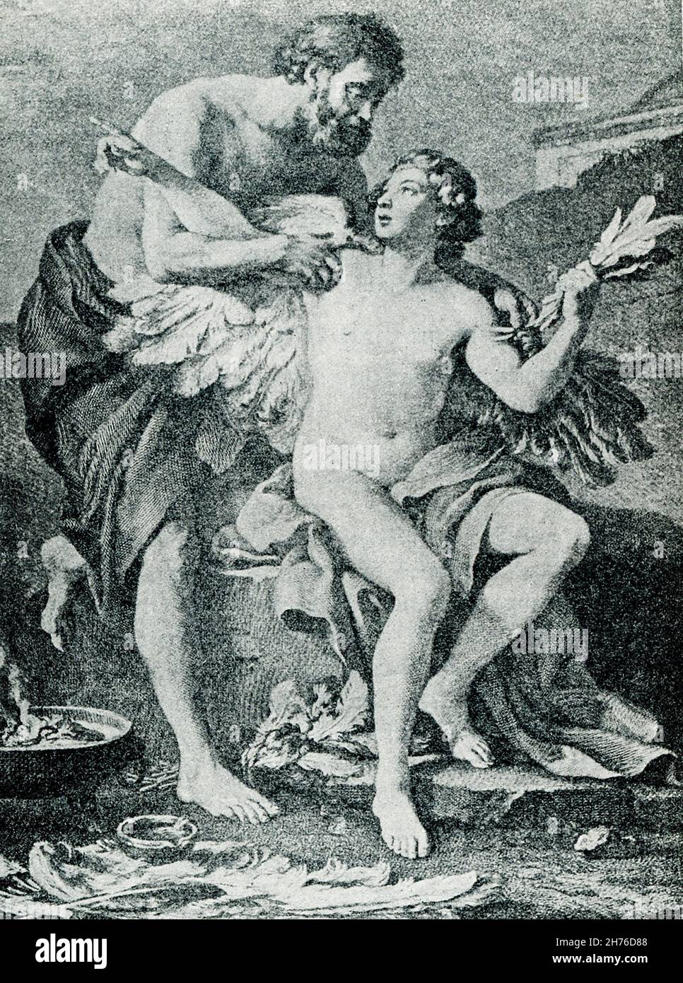 This illustration of Daedalus and Icarus was done by J M Virn. In Greek mythology, Daedalus (left) was the builder of the labyrinth at Knossos in Crete (designed to keep the Minotaur within). To escape his confinement on the island by the king, he designed wings of wax and feathers for himself and his son, Icarus (right). But, Icarus flew too close to the sun. The wax melted, and he fell into the sea (name after the Icarian sea). Daedalus made it to Sicily, where he was said to have died later. Stock Photo
