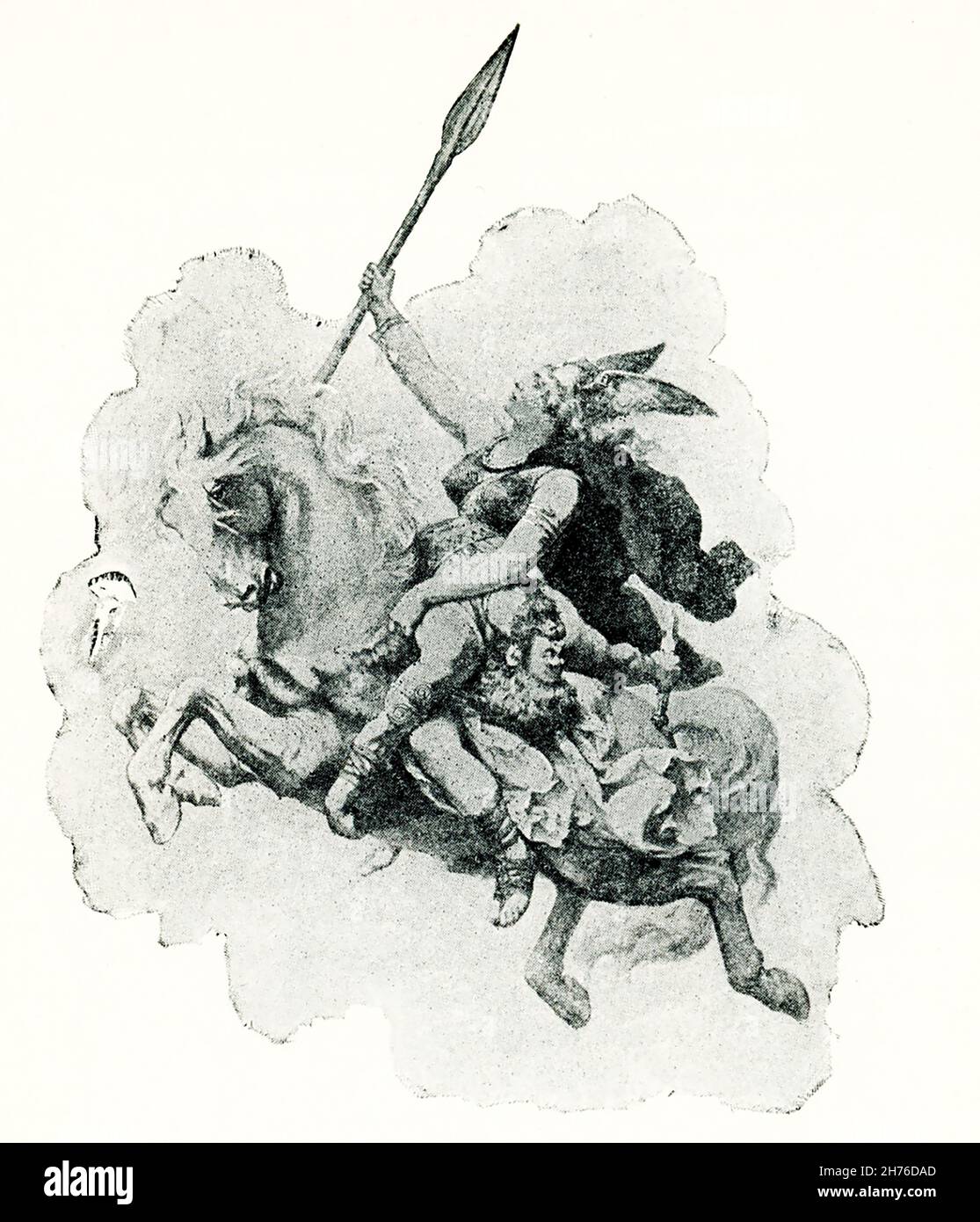 This image shows a Valkyrie bearing a hero to valhalla. The painting is by K Dielitz. According to Norse mythology, the Valkyries were the daughters or attendants of Odin, the chief god (also called Wotan). The Norse believed the Valkyries came to battlefield, chose those who would die, and carried them back to Valhalla (a fallen warrior can be seen here in front of a Valkyrie). Their leader was Brynhild (also spelled Brunhild, Brunhilde, Brynhildr). Konrad Dielitz (died 1933)  was a German portrait and genre painter of high rank. He was born in 1845 in Berlin, and was the son of a well-known Stock Photo