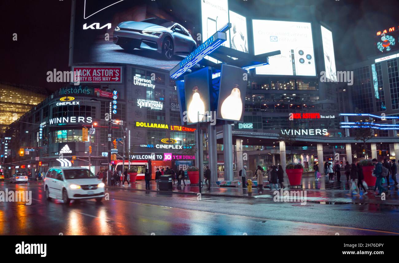 Toronto, Canada 10 30 2021 Rainy night view on YongeDundas Square
