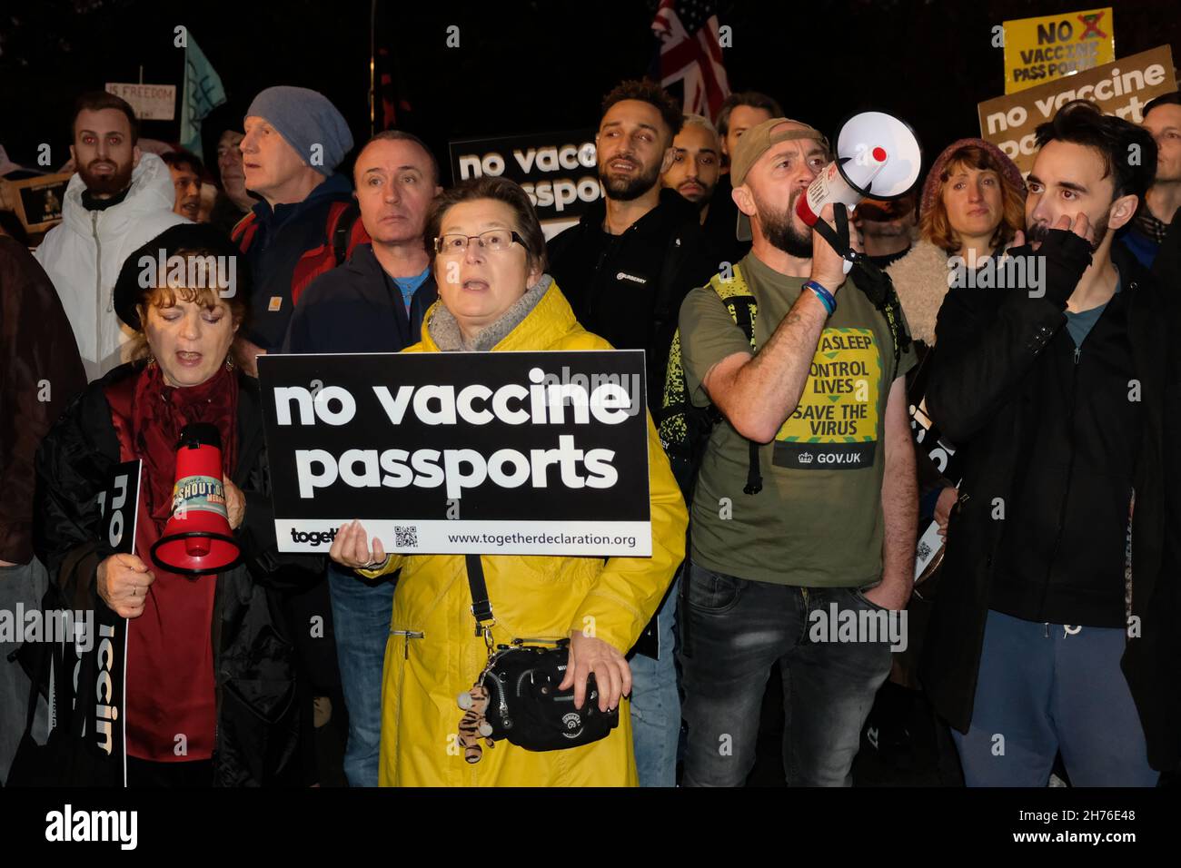 London, UK, 17th Nov, 2021. Thousands of anti-vaccine passport protesters marched in Central London against mandated Covid vaccination and associated health passports. In a show of solidarity with Austrians citizens whose government is due to make Covid-19 vaccinations compulsory from February 2022 - the first European country to do so, the group demonstrated outside the nation's embassy in London. Austria initially announced a lockdown for the unvaccinated, though now it has been extended nationally, until December 12th. Credit: Eleventh Hour Photography/Alamy Live News Stock Photo