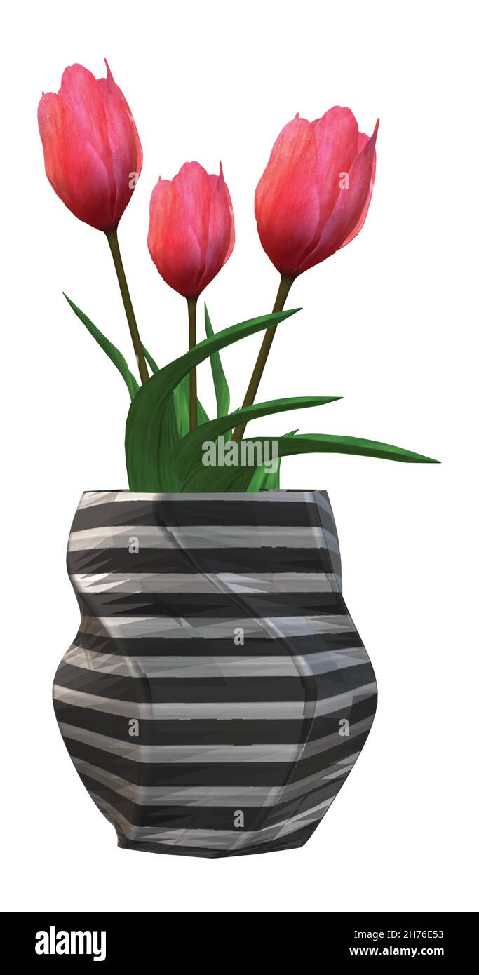 Pink Tulips in Black Silver Horizontal Strips Vase Stock Vector