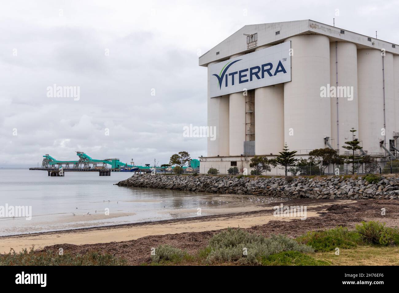 The iconic Viterra wheat and grain  storage silos and terminal located in Port Lincoln South Australia on November 19th 2021 Stock Photo