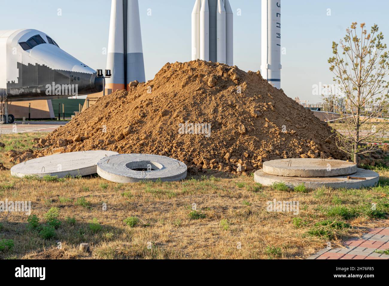 Heap of excavated soil at the construction site of recently opened National Space Center, Astana, Nur-Sultan, Kazakhstan, Central Asia Stock Photo