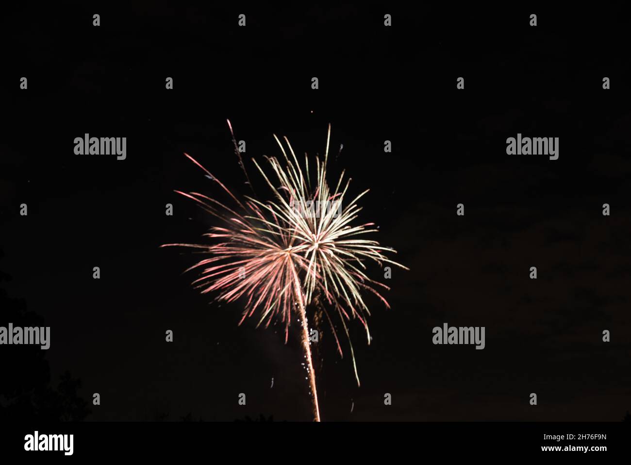 A pair of colorful fireworks bursts in the night sky appearing to kiss